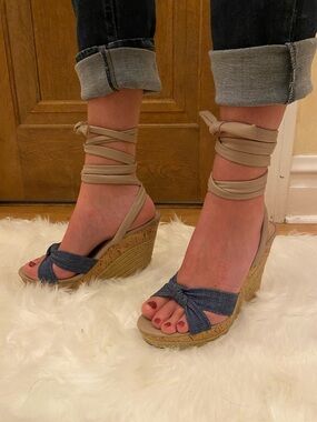 Charles David Ankle-Tie Denim Knot Wedge Sandals in Beige and Blue Denim